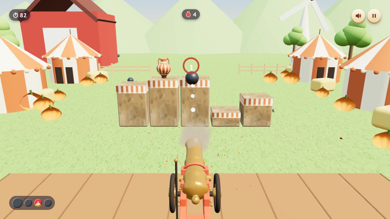Crockery Carnival, a carnival cannon game, with a shot in the air.