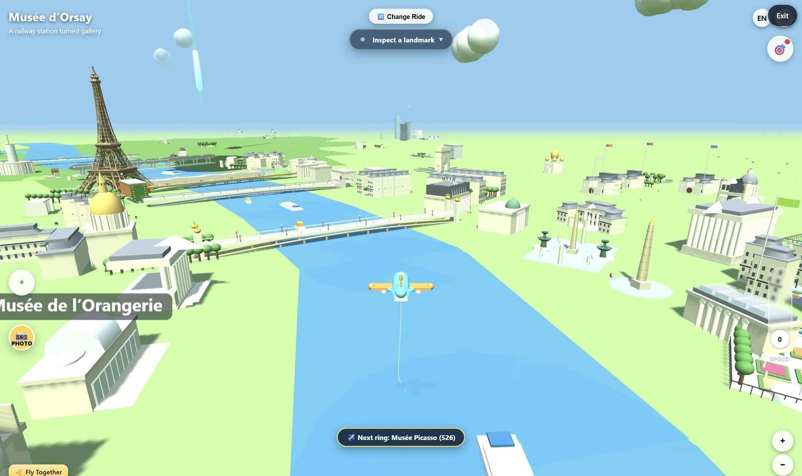 Kid's Map, flying along the Seine in Paris, with the Eiffel Tower behind.
