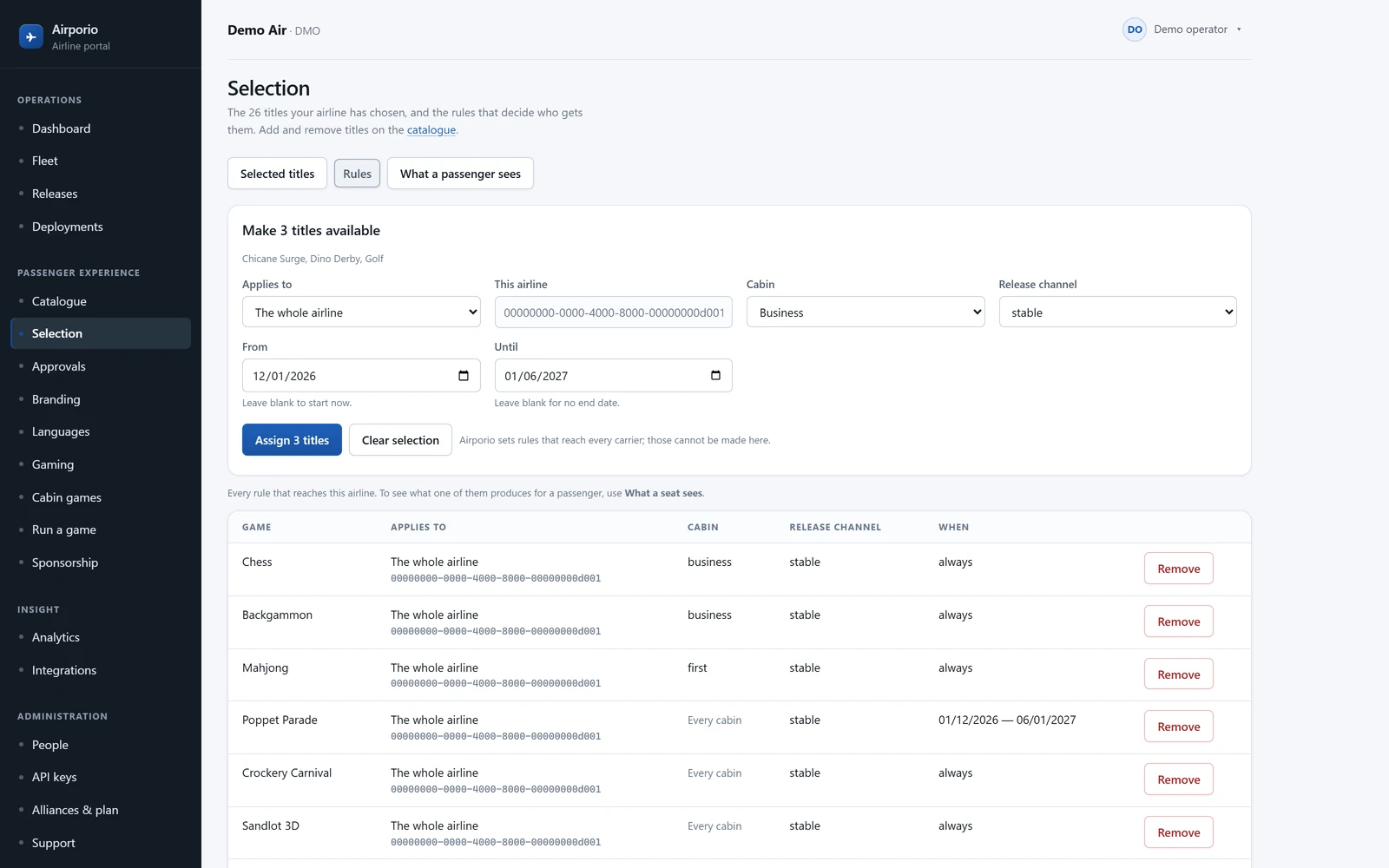 The Airporio airline portal's rules, narrowing titles to a cabin and a date window.