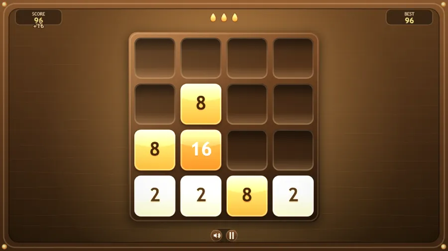 Early in a run: a few small tiles of 2, 8 and 16 on the wooden tray, score 96.