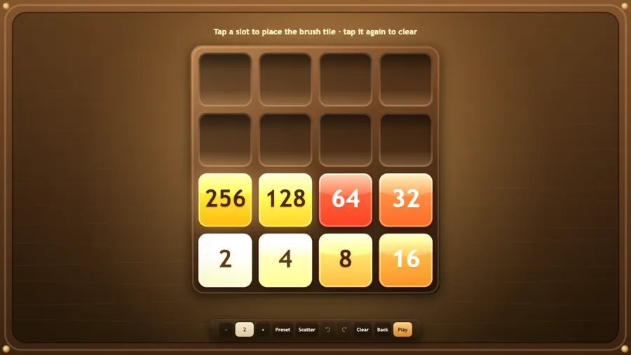 The Tray Editor: a row of 256, 128, 64 and 32 over 2, 4, 8 and 16, with brush, Preset, Scatter, Clear, Back and Play