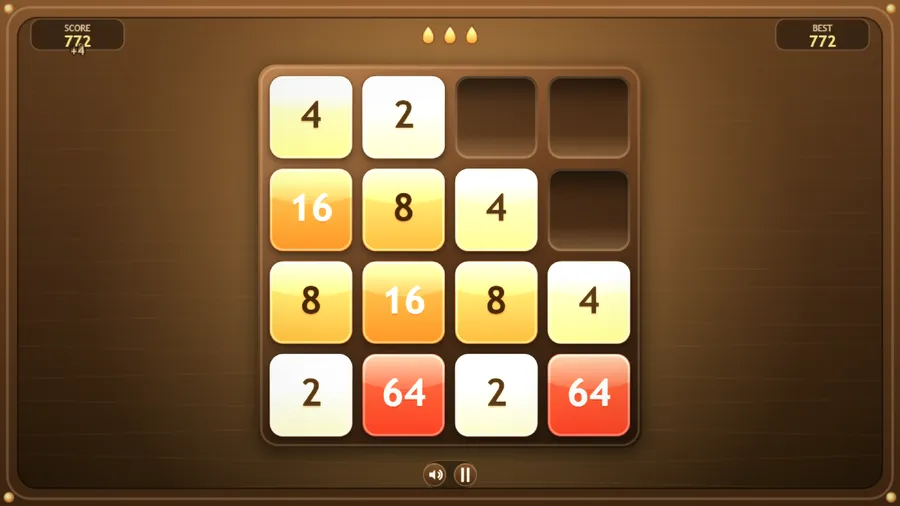A busier tray with 16, 8 and two 64 tiles at score 772.