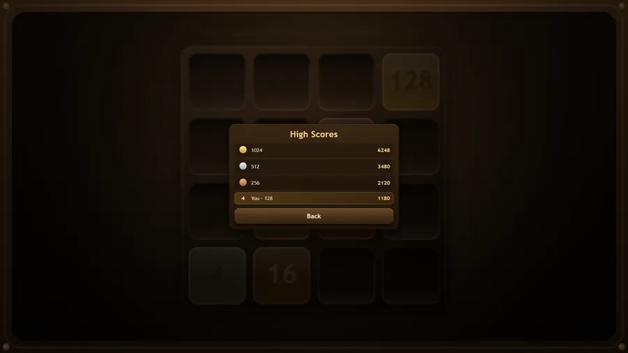 High Scores list: 1024 scoring 6248, 512 scoring 3480, 256 scoring 2120, and fourth, You · 128 scoring 1180