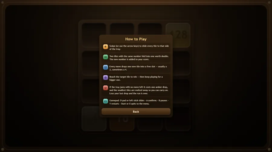 The How to Play panel with six rules, from swiping to slide the tiles to what each gamepad button does