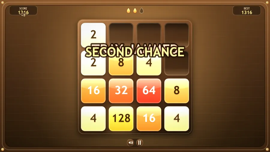 A "Second Chance" banner over the tray after it jams, with a 128 tile and one amber drop gone.