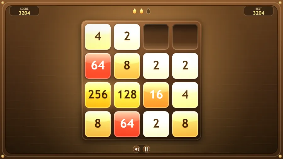 Big tiles on the tray, a 256 and a 128 side by side, at score 3204.