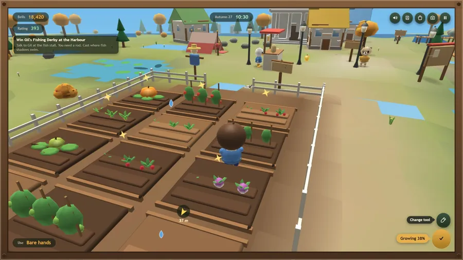 The Garden: pumpkins, tomatoes and strawberries in fenced beds, water drops over thirsty sprouts, sparkles on ripe ones