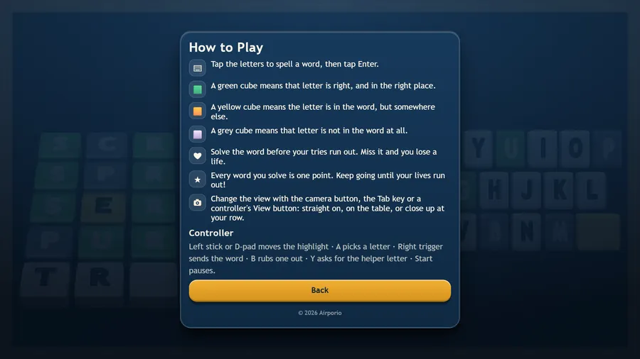 How to Play: spelling words, what green, yellow and grey cubes mean, changing the camera view, and the controller