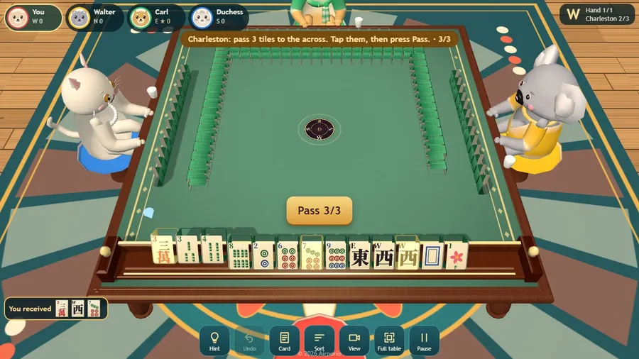 The Charleston: three tiles lifted in the rack, ready to pass right, with a Pass button above the wall.