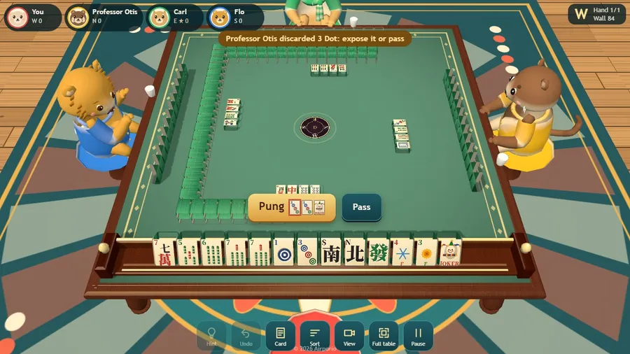 A claim window: Pung, Kong and Pass buttons appear when a player discards a tile the rack can use.