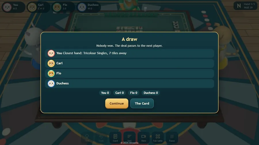 A won hand: the winner’s tiles and jokers, the hand name and family, its value and who pays what.
