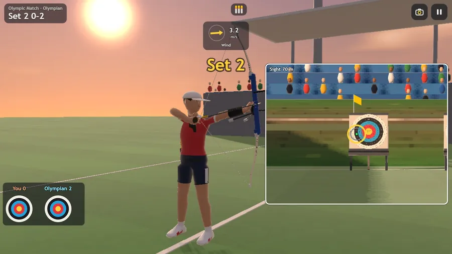 An Olympic set match on TV: the archer at full draw, the scope on the target and both archers’ faces.