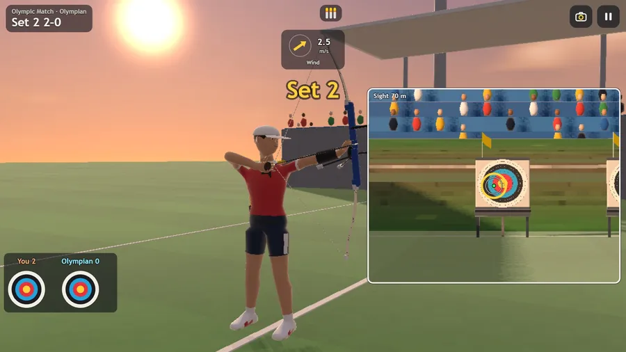 An Olympic set match on TV: the archer at full draw, the scope on the target and both archers’ faces.
