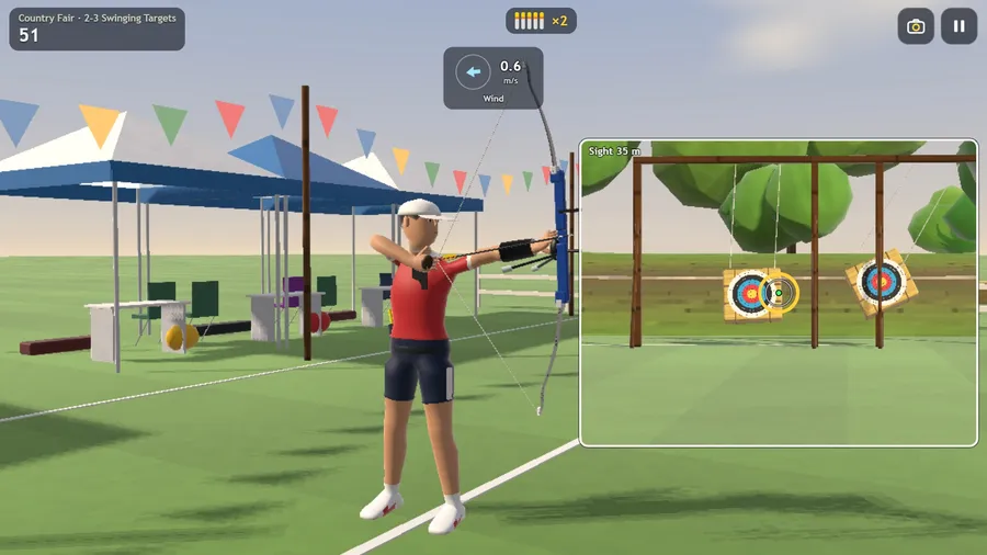 TV view of an archer at a country fair, shooting at two targets swinging from wooden gallows.
