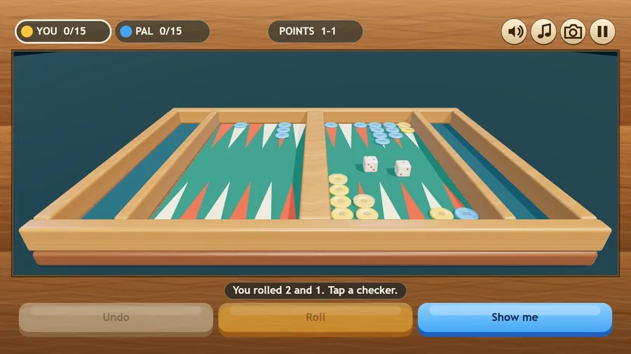 Seat camera, low at your end of the 3D board: two dice down, POINTS 1–1 and You rolled 2 and 1. Tap a checker.