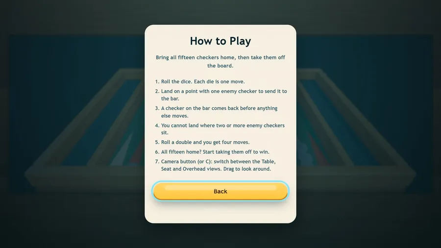 How to Play over the board: bring all fifteen checkers home, six numbered rules, then a seventh on the camera button