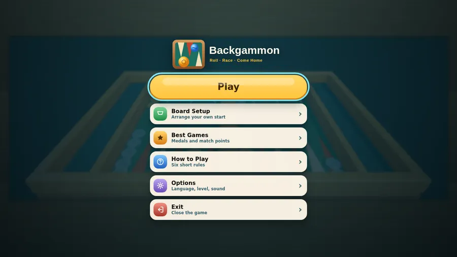 Main menu under the tagline Roll · Race · Come Home: Play, Board Setup, Best Games, How to Play, Options and Exit