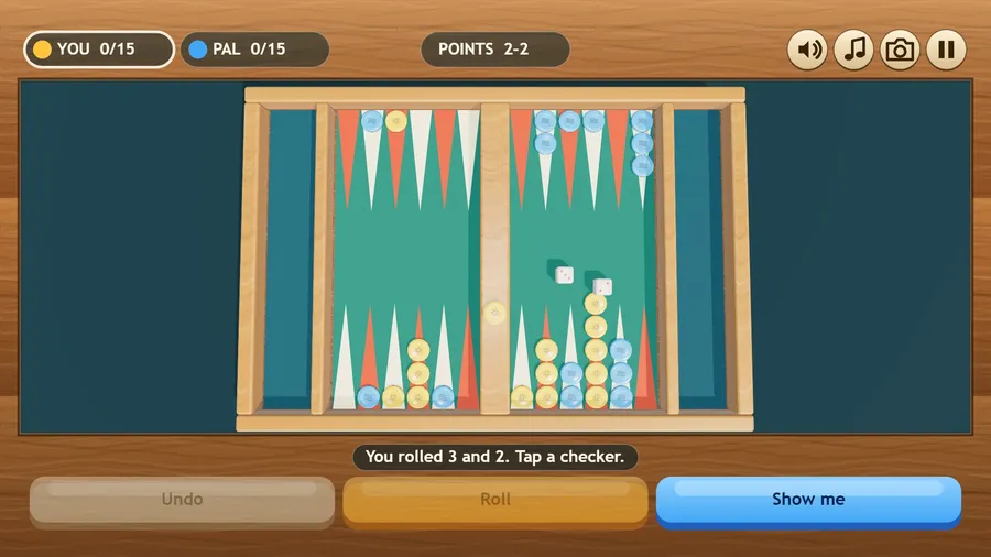 Overhead camera straight down on the board: both teams deep in a game, a checker on the bar, POINTS 2–2, You rolled 3 and 2.