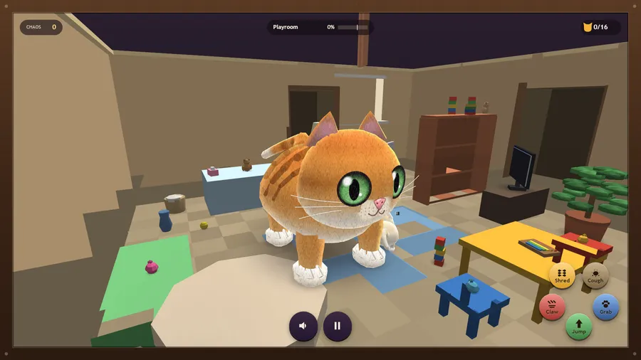 El gato camina por un cuarto de juegos con bloques de juguete, una mesa amarilla baja, un televisor pequeño y una alfombra verde