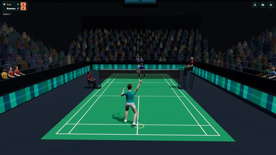 Behind your player in the arena: reaching up for an overhead stroke, the stands full on every side.