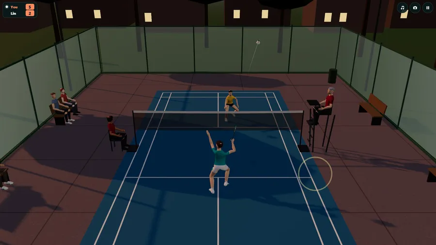 High and wide over the park court at dusk: the shuttle dropping toward your player inside the fence.