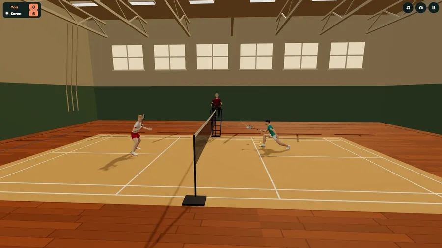 Side on in the school gym: your player lunging toward the net on a wooden floor, wall bars behind.
