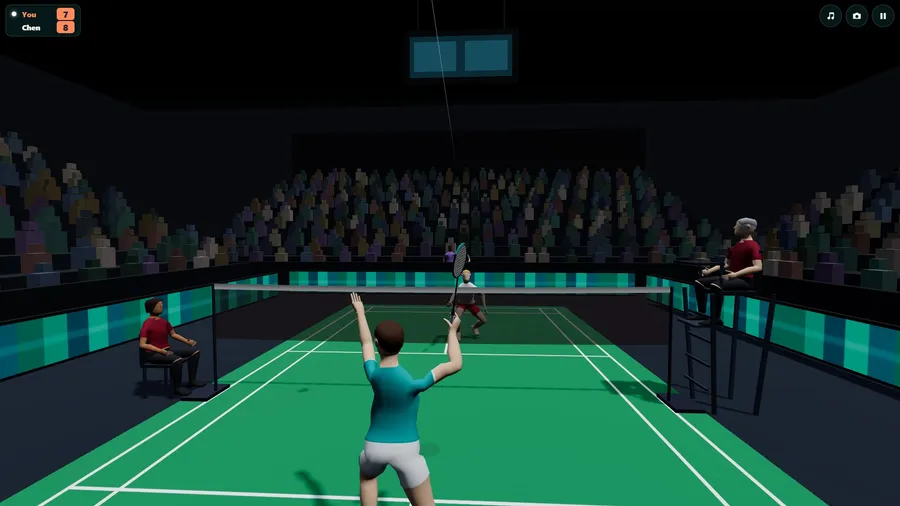 Over your player's shoulder in the arena: the opponent has just hit and the shuttle is on its way.
