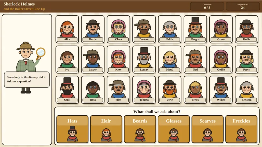 A board of 24 cartoon suspect cards, Alice to Zenobia, above six question categories from Hats to Freckles