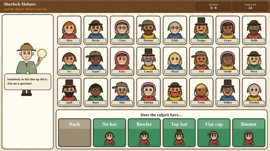 The 24-suspect board with Does the culprit have… above Back, No hat, Bowler, Top hat, Flat cap and Bonnet