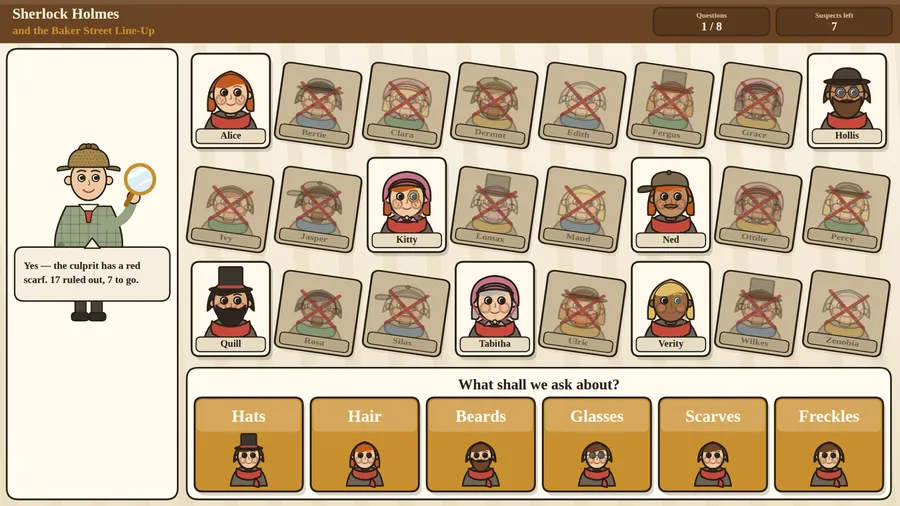 Question 1 of 8: after a red scarf answer 17 suspects are crossed out, leaving 7 cards including Alice, Hollis and Quill
