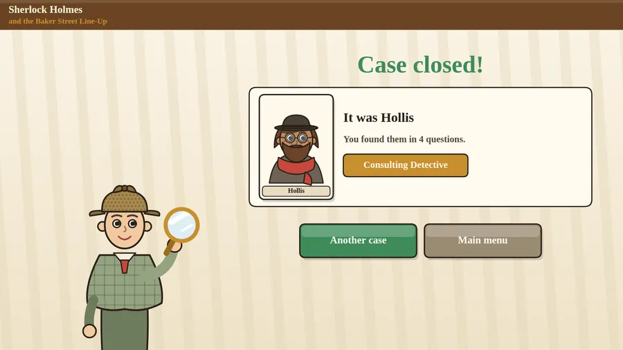 Case closed! for Hollis, a bearded suspect in glasses, found in 4 questions with the rank Consulting Detective