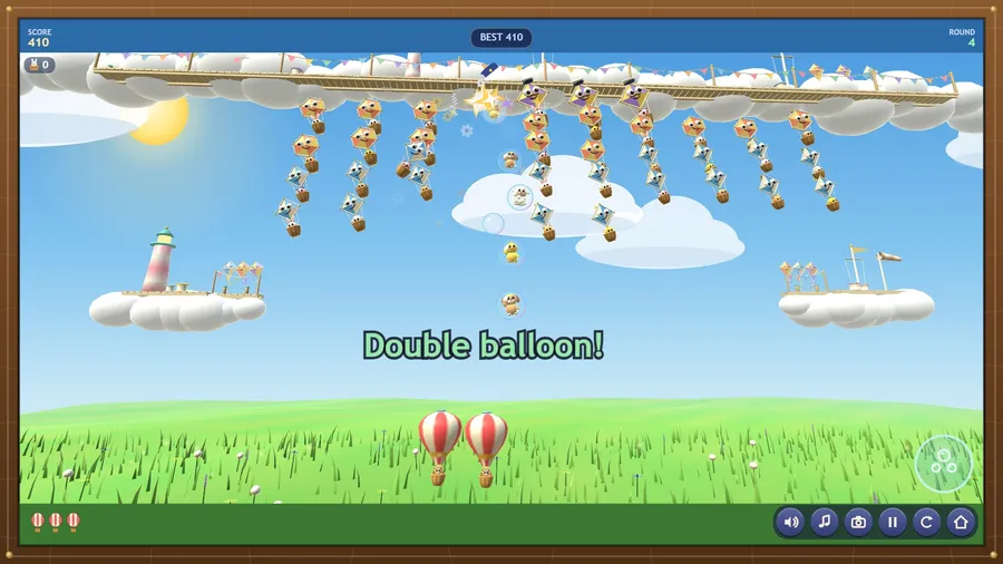 Round 4: "Double balloon!" - two striped balloons fly side by side below the kite fleet and its cloud harbour; score 410