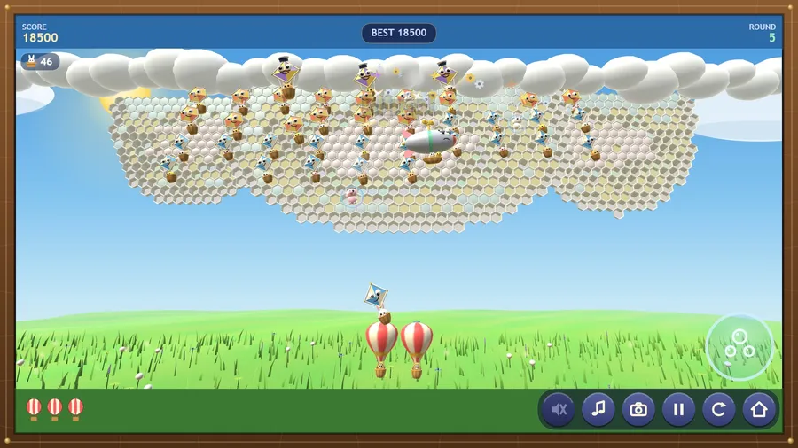 Round 5: two balloons fly side by side as the grumpy wind-up blimp chugs past with animals in its gondola; score 18500