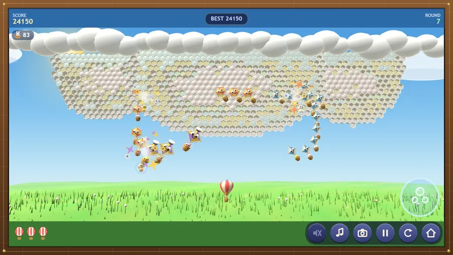 Parade round 7: the kites loop across the sky in chains instead of swooping, and bubbled animals float home; score 24150