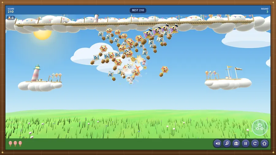 Round 3: the kite fleet dives from the cloud harbour in a tight swarm as bubbles pop among them; score 210