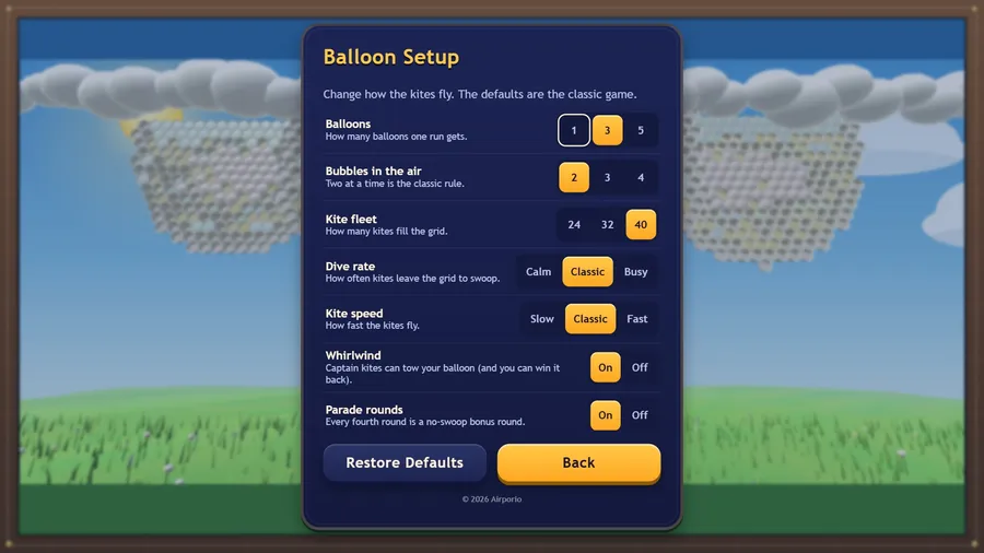 Balloon Setup: Balloons 3, Bubbles in the air 2, Kite fleet 40, Dive rate and Kite speed Classic, Whirlwind On