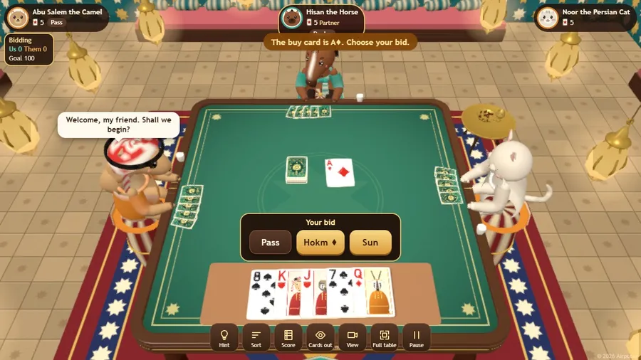 Bidding: the buy card turned up in the middle, your five cards in front, and the Pass, Hokm and Sun buttons