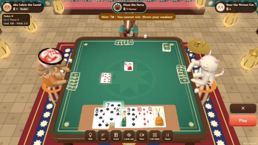 A hint highlights the card to play, with the reason in the status line, while the opponents' cards fan out around the table