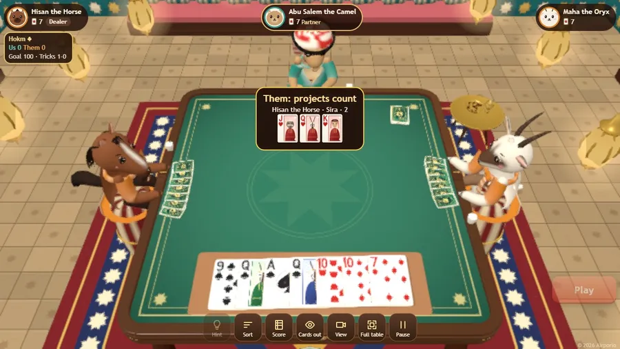 Projects revealed after the first trick: the winning team's declared sequence laid out in a banner over the table