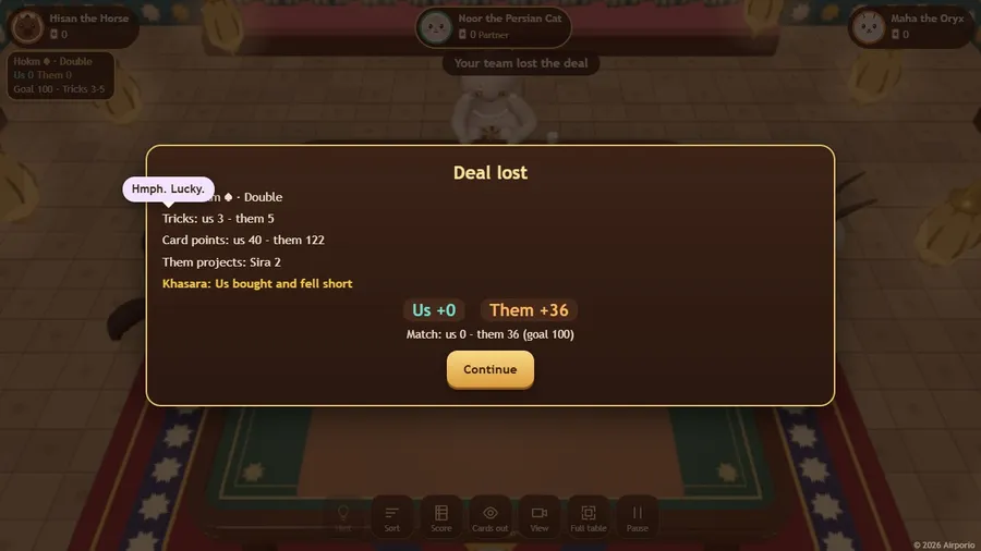 The deal summary: tricks, card points, projects and how the Us and Them scores moved toward the match goal
