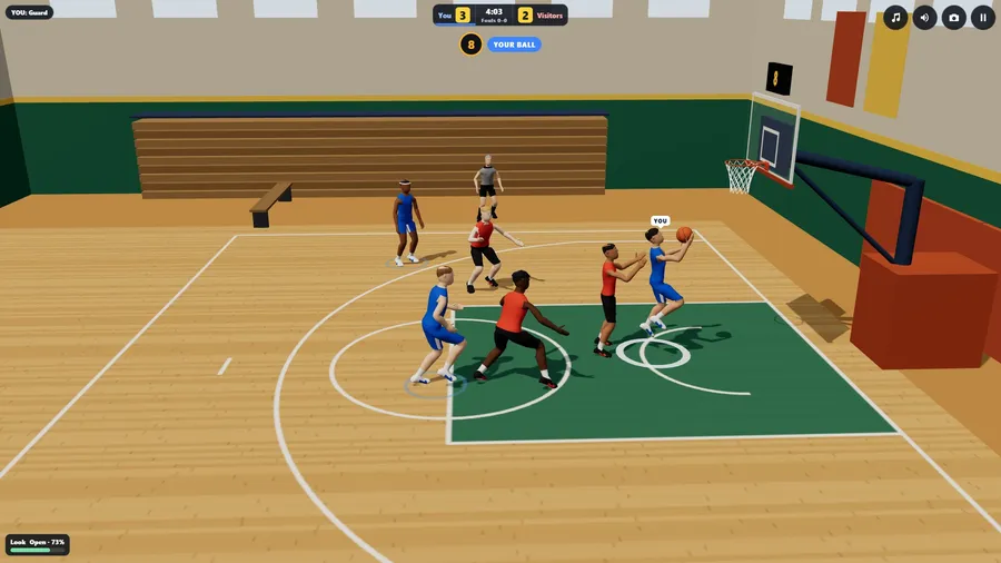 Side-on in a school gym: your guard in blue rises with the ball for a lay-up, a defender in red reaching beside him.