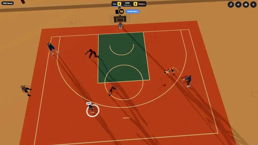 A beach court from high above at sunset: six players spread round the arc, long shadows, the ball bouncing to a team-mate.