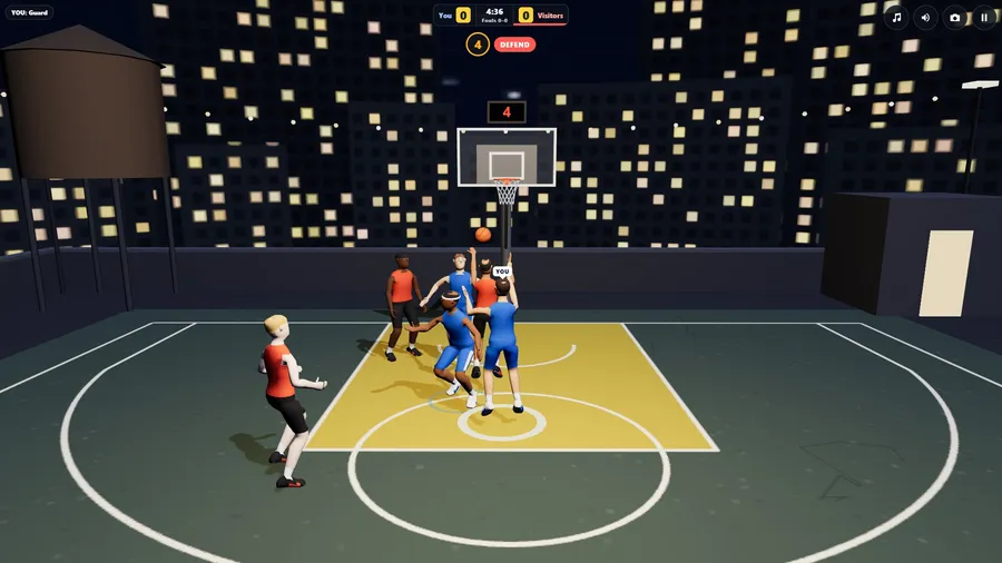 A rooftop court at night under a lit skyline: the ball in the air below the basket, blue and red players jumping for it.