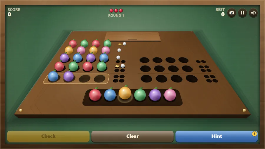 Seat view, low over the tray: four guessed rows with star and pebble marks, a half-filled row and six berries