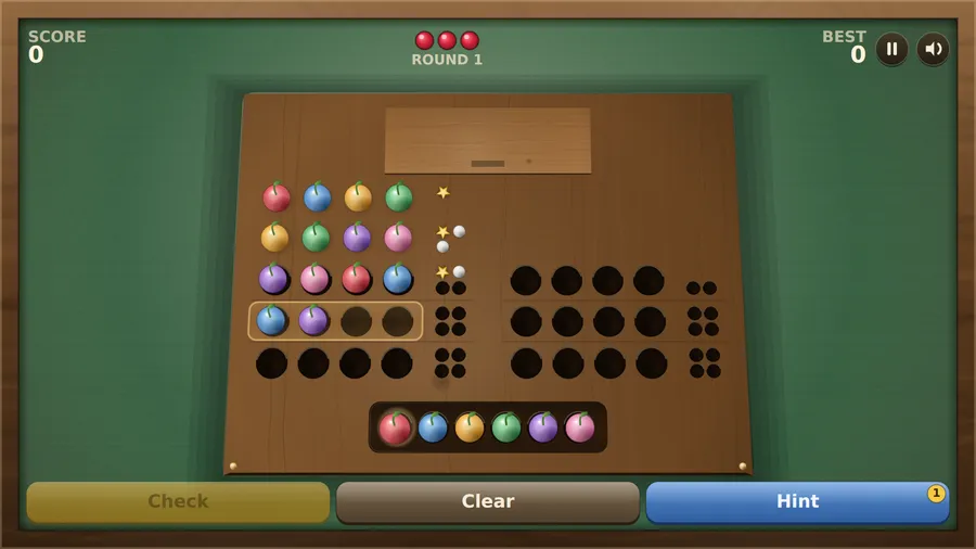 Wooden board, round 1: three guessed berry rows with star and pebble marks, a half-filled fourth row, Check, Clear, Hint
