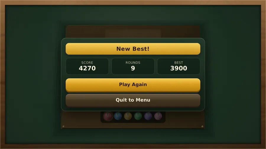 New Best! panel showing score 4270, 9 rounds and best 3900, with Play Again and Quit to Menu buttons