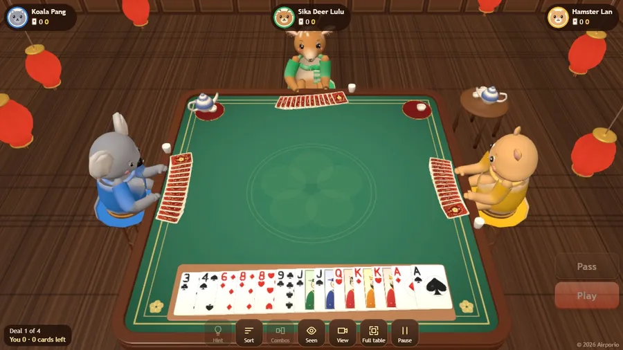 Your first turn: all 13 cards fan along the bottom, with the 3 of Clubs ready to lead.