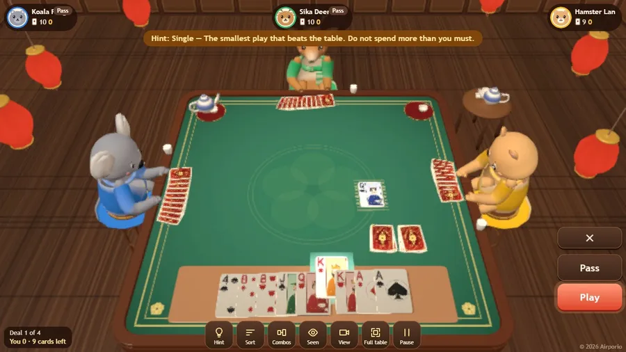 Midgame hint: the suggested cards are lifted and a line explains why that play is best.