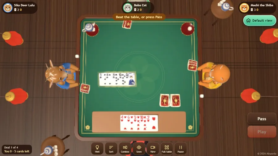 Full table view: the whole table, the three animals and every card seen from above.