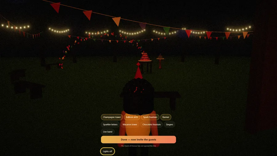 A night garden party with bunting and string lights, a cake table, and buttons such as Balloon arch and Lights off